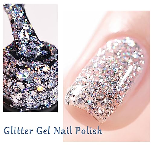 Glitter Gel Nail Polish - Silver Gel Nail Polish - Soak Off UV LED Sparkle Silver Glitter Gel Polish - Long-Lasting - Ideal for Home Use