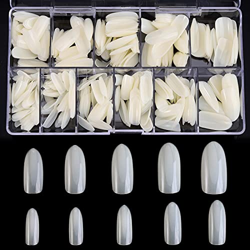 Almond Shaped Nail Tips 500Pcs Clear Acrylic Medium Nails Full Cover with Case for DIY Nail Art, 10 Sizes
