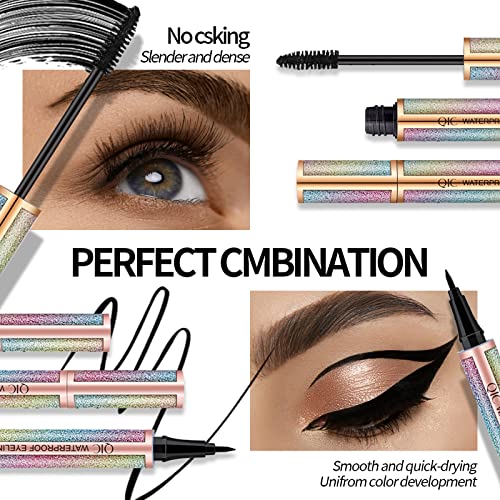 QIC Mascara, Black Mascara With Eyeliner Set, 4D Silk Fiber Eyelash Mascara with Liquid Eyeliner Kit, Waterproof, Sweat-Proof, SmudgeProof, Long