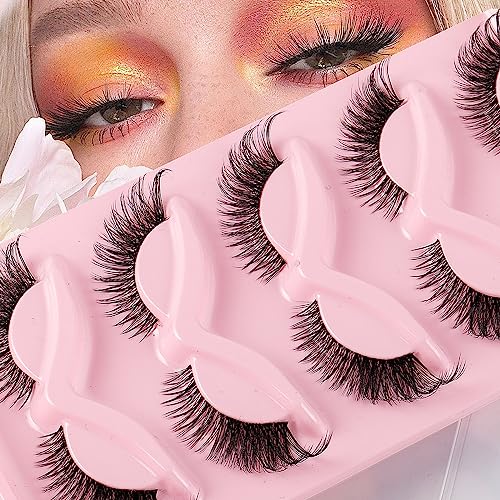 Eyelashes Fox Eye Lashes - Cat Eye Lashes - Natural Look False Eyelashes Fluffy Wispy Eyelashes 5 Pairs