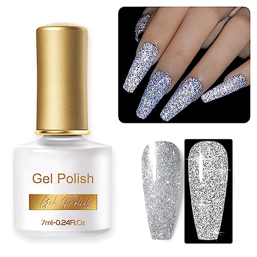 Glitter Gel Nail Polish - Silver Gel Nail Polish - Soak Off UV LED Sparkle Silver Glitter Gel Polish - Long-Lasting - Ideal for Home Use