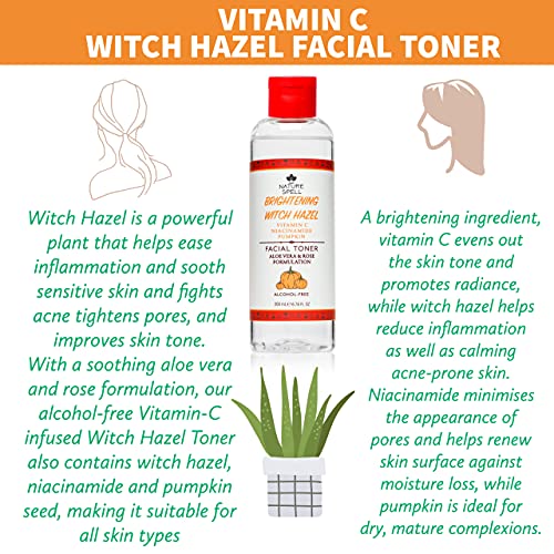 Nature Spell Witch Hazel Brightening Facial Toner with Vitamin C, Pumpkin Seeds, Aloe Vera & Rose Water, Alcohol Free Formulation, for All Skin T