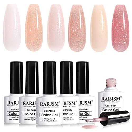 RARJSM Nude Gel Polish Set Pale Pink Milky Jelly Peach Pink Apricot Beige Champagne Brown Shimmer Holographic Glitter Iridescent Gel Nail Polish