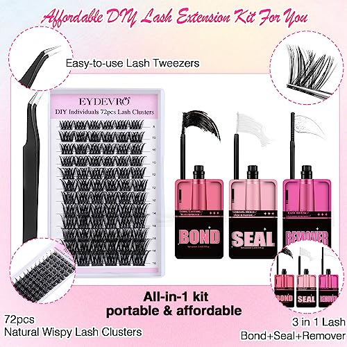 DIY Lash Extension Kit Lash Clusters Individual Eyelash Extension Kit with 3 in 1 Lash Bond and Seal and Remover and Lash Tweezers Applicator, 8-