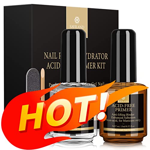 Saviland Nail Dehydrator and Bond Primer, Long-lasting Nail Prep Dehydrate and Acid Free Bonding Primer Set Professional Natural for Acrylic Powd