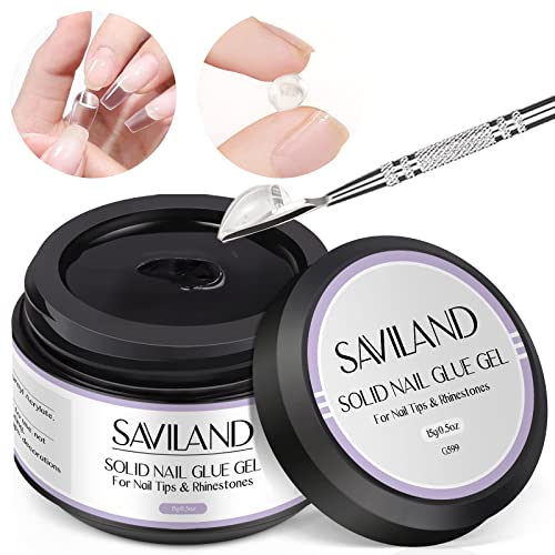 Saviland 15ML Solid Nail Glue Gel - 4 In 1 Extra Strong Nail Tips Glue Gel for Nails, Stick On Gel Nail Glue for Acrylic Tips Strong Nail Glue an