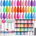 Saviland 29 PCS Dip Powder Nail Kit -【Long Last for 28 Days】20 Colors Dipping Powder, Base & Top Coat Activator Brush Saver, Nail Dipping Powder