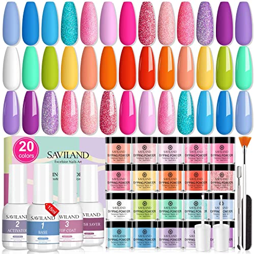 Saviland 29 PCS Dip Powder Nail Kit -【Long Last for 28 Days】20 Colors Dipping Powder, Base & Top Coat Activator Brush Saver, Nail Dipping Powder