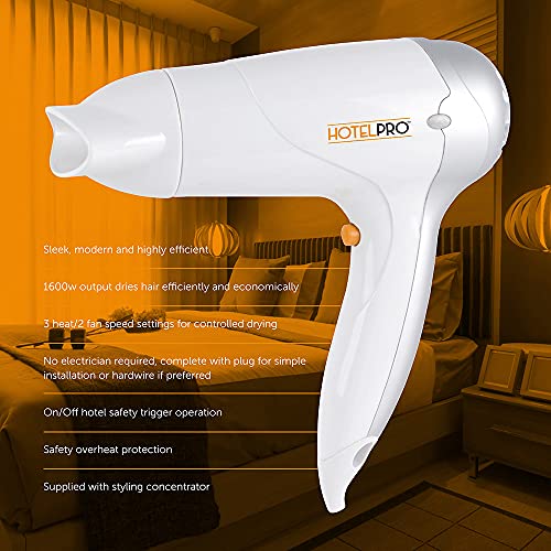 HotelPro 1600w Hotel B&B Hair Dryer - 3 Heat Settings - 2 Speed Settings - Concentrator Nozzle - Hang Up Loop - Safety Cut-Off - White - H1313WH