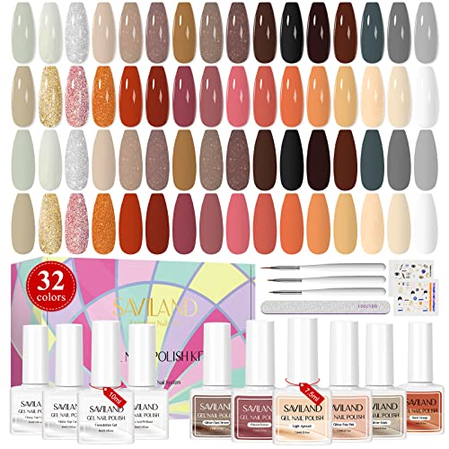 Saviland Gel Nail Polish Kitโ32 Colours Gel Polish Set with Base & Glossy/Matte Top Coat Liner Nail Art Brush Nail Stickers Soak-off U V Gel Poli