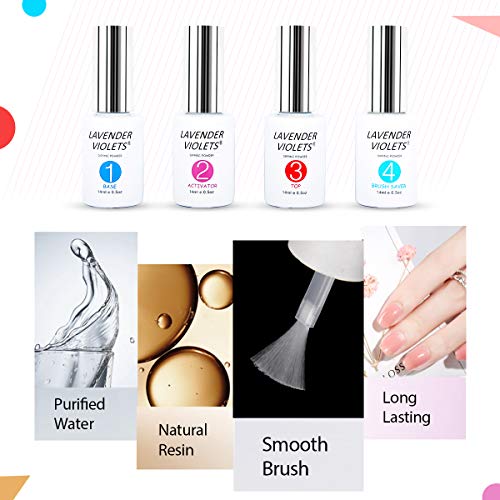 Lavender Violets Acrylic Dipping Powder System Essentials Kit 14ml Big Bottles Liquid Glue Set Steps 1-4 Base Coat Activator Top Brush Saver No N