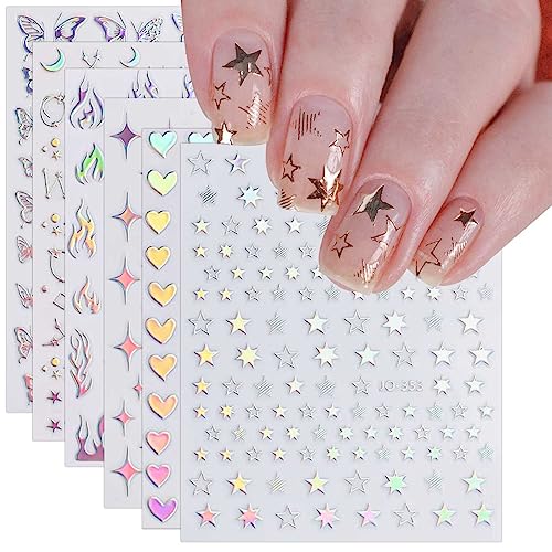 9 Sheets Aurora Holographic Nail Art Stickers Decals Self-Adhesive Heart Flame Stars Butterfly Moon Nail Supplies Nail Art Design Decoration Acce