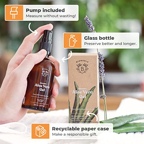 Bionoble Organic Aloe Vera Gel 100ml - Made with 100% Pure Fresh Aloe Pulp and Organic Lavender - Xanthan Free - Face, Eye Contour, Body, Hair -