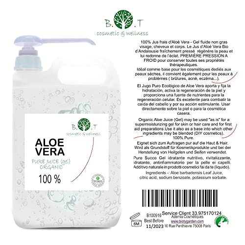 Organic Aloe Vera Juice 99.99% Cold-pressed, genuine, liquid, without thickeners (5000 ml I 175.97 Fl oz)