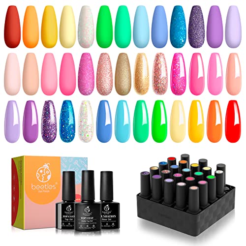 Beetles Gel Nail Polish Kit 20 Colors with 3Pcs Base Gel Glossy & Matte Top Coat Romance Rebellion, 2023 Summer Trendy Pink Red Blue Purple Glitt
