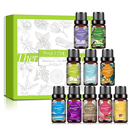 PHATOIL Fragrance Oils for Soap Making -10 Scented Oil White Musk, Coconut&Vanilla, Fresh Linen, Sea Breeze, Parma Violet, Black Orchid, Baby Pow