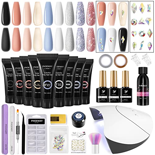 Poly Nail Gel Kit, Phoenixy 9 Colors Poly Nail Extension Gel Kit with 36W U V LED Nail Lamp with Basic Manicure Tools Poly Extension Gel Nail Sta