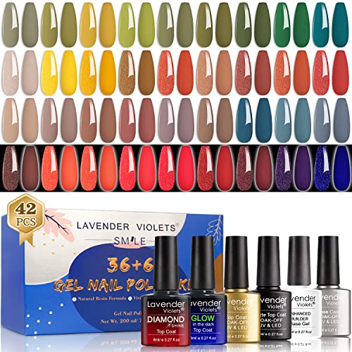 Lavender Violets 36+6 Pcs Gel Nail Polishes Set Neon UV LED Soak Off Varnish With Base,Glossy/Matte/Dimond/Glow-in-the-dark Top Coat Starter Kit