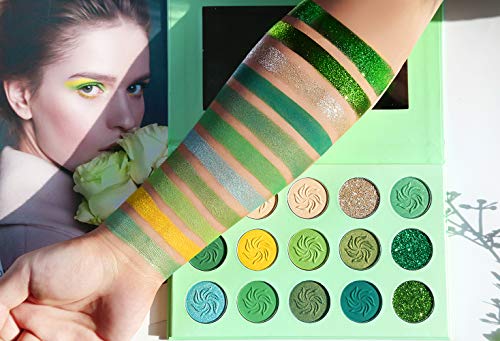 Green Eyeshadow Palette Matte and Glitter,Afflano Highly Pigmented Makeup Palettes Eye shadow Yellow 15 Colours,Bright Creme Shimmer Metallic Spa