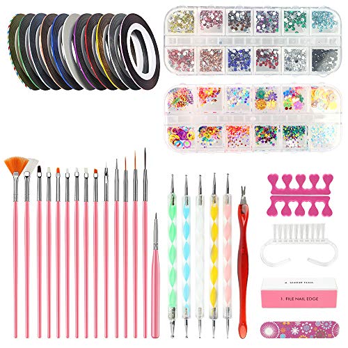 Nail Art Kit, WOVTE 60Pcs Nail Design Tools with 15pcs Nail Art Brushes, Nail Dotting Tool, Nail Foil, Nail Striping Tapes , Rhinestones Crystals