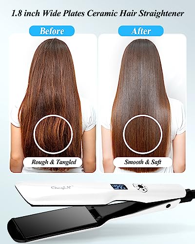 CkeyiN Hair Straightener Wide Plates, 1.8 inch Tourmaline Ceramic Flat Iron with 12-Speed Temperature LED Display, Dual Voltage 30s PTC Fast Heat