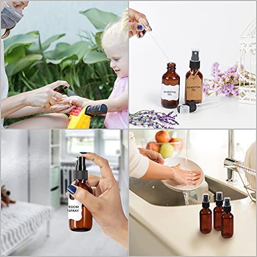 BELLE VOUS Glass Amber Spray Bottles (16 Pack) - 2 Pipettes & Sticker Labels Included - 60ml / 2oz - Empty Fine Mist Bottle Sprayer - Refillable