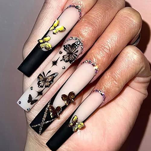 RUNRAYAY Medium Length French Tips Press on Nails with Designs, Nude White Acrylic Nails Press On, Stick on Nails for Women, Glue on Nails Fake N