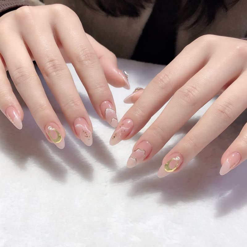 JUSTOTRY 24 Pcs Nude Short False Nails Almond,Gradient Pink Press on Nails Pattern,Glossy Fake Nails Short with Nail Glue,Oval Stick on Nails for