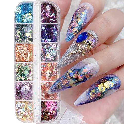 Holographic Mermaid Nail Art Glitter Flake, 12 Grids Holographic Nail Art Sequins Bright Colorful Shiny Nail Supplies Nail Art Design Decoration