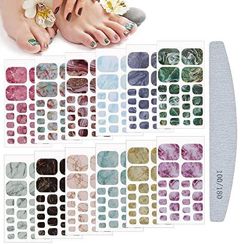 Kalolary Toenail Wrap Art Polish Stickers, 12 Sheets Marble Toe Nail Polish Stickers Self-Adhesive Full Nail Wraps Designs with 1 Piece Nail File