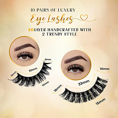 DEALFREE.24 Russian Strip Lashes Hand Made 10 Pairs of False Eyelashes with 2 Trendy Styles. Reusable DD Curl Fake Lashes with 3D Effect. Fluffy