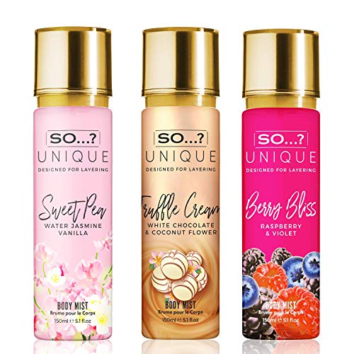 So…? Unique Womens Candy Kiss Bundle Truffle Cream, Sweet Pea, Vanilla Candy Body Mist Spray Mixed Fragrance Bundle 150ml (Pack of 3)