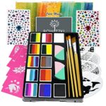 Bowitzki Professional Face Paint Set for Kids and Adults 12 x 10g Face Painting Kit Stencil One Stroke Split Cakes Palette Non-Toxic Rainbow Flor
