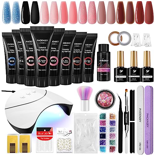 Poly Nail Gel Kit, Phoenixy 8 Pcs Poly Nail Extension Gel Set with Nail Lamp, Gloss Matte Top Coat, Nail Extension Gel Set for Beginners DIY Nail