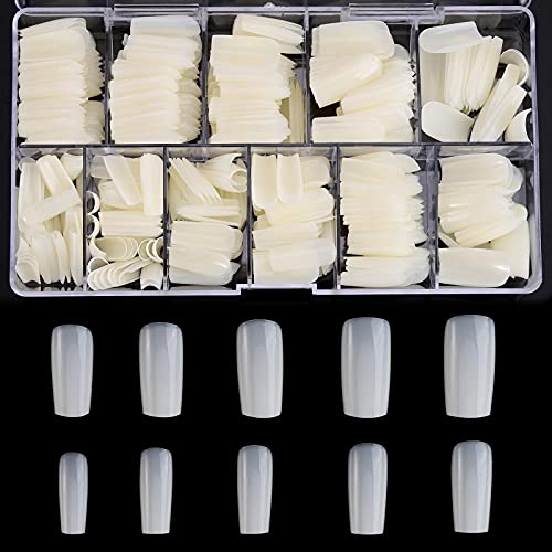 Almond Shaped Nail Tips 500Pcs Clear Acrylic Medium Nails Full Cover with Case for DIY Nail Art, 10 Sizes