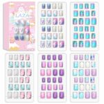 Laza 120pcs Children Nails Press On Pre-glue Full Cover Glitter Gradient Color Rainbow Sparkling Scale Wave AquariusShort False Nail Kits for Kid