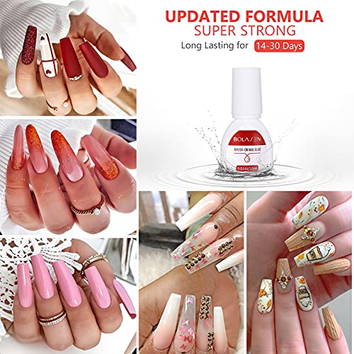 BOLASEN False Nail Glue Extra Strong(4*15ml) Super Strong Nail Glue Brush on Nail Glue for Acrylic Tips Extra Strong Acrylic Nail Glue for Broken