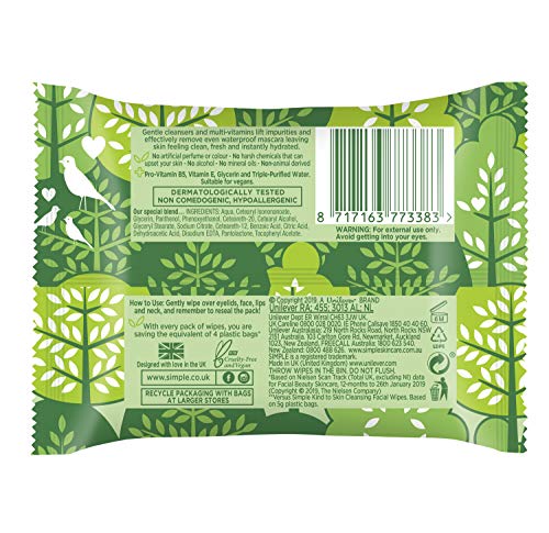 Simple Kind to Skin Cleansing Wipes remove waterproof make-up Biodegradable for sensitive skin 20 PC
