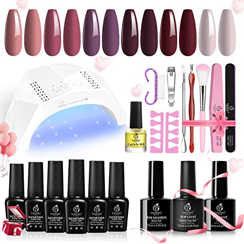 Beetles Gel Nail Polishes Starter Kit, 6 Colors Nail Salon Set with 48W Nail Lamp, Pink Valentines Decorations French White Glitter Pink Nude Gel