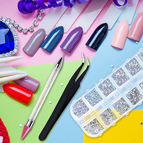 Flat Back AB Crystal Nail Art Rhinestones and Clear Crystal Rhinestones with Pick Up Tweezer and Rhinestone Picker Dotting Pen, Professional Nail