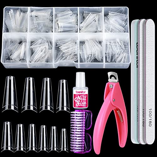 Clear Nail Tips, Artificial French Acrylic Press on Nails Set, 500 Pcs Coffin Half Cover Natural False Nails with Nail Glue Nail Files Buffer Shi