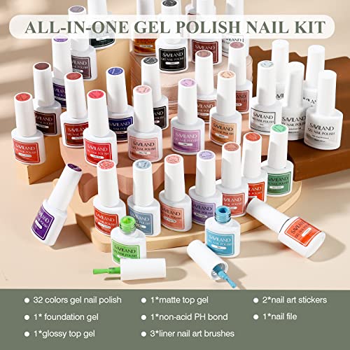 Saviland Gel Nail Polish Kitโ32 Colours Gel Polish Set with Base & Glossy/Matte Top Coat Liner Nail Art Brush Nail Stickers Soak-off U V Gel Poli