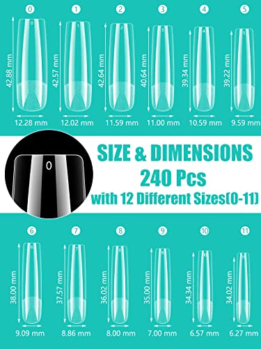 Deciniee Gel Nail Tips, 240Pcs Full Cover Square Straight Nail Tips for Gel Extensions, 12 Sizes False Square Nails Tips for Acrylic Nails, Profe