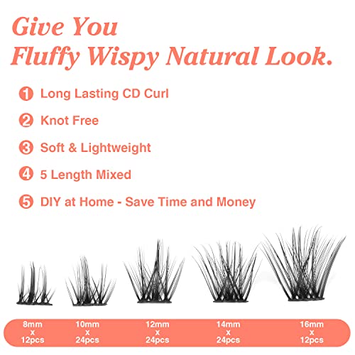 Lash Clusters DIY Eyelash Extensions 96pcs Cluster Lashes Wispy False Eyelashes C D Curl Individual Lashes Extensions 8-16MM Mega Fluffy Eyelash