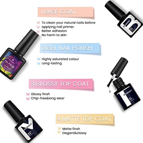 Gel Nail Polish Set, Phoenixy 12 Colours Gel Nail Polish Kit with UV/LED Nail Lamp,Soak Off Nail Polish Glossy Matte Top Coat Gel Nail Starter Ki