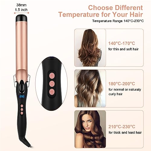 Curling Tongs 38mm Large Barrel Curling Wand Big Curls for Long & Medium Length Hair Curler Styling Thick Wide Curling Iron with Clip 140°C-230°C