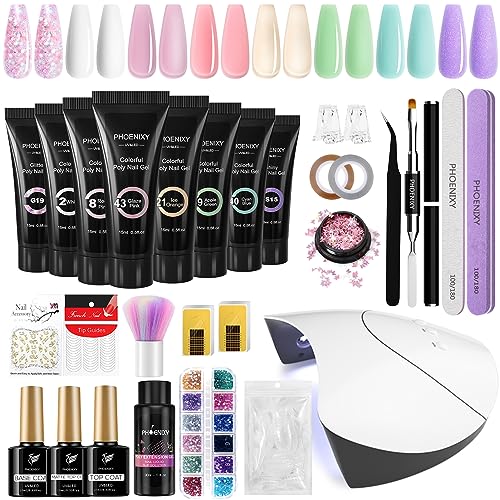 Poly Nail Gel Kit, Phoenixy 8 Pcs Poly Nail Extension Gel Set with Nail Lamp, Gloss Matte Top Coat, Nail Extension Gel Set for Beginners DIY Nail