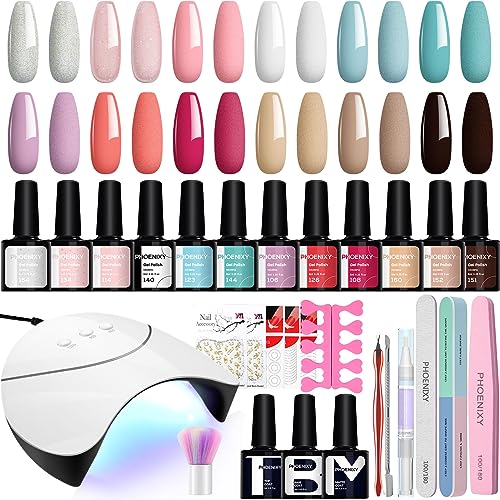 Gel Nail Polish Starter Kit, Phoenixy 12 Colours Soak off Gel Nail Polish Set with Nail Lamp 8ml Gel Nail Kit Shellac Nail Kit Gift Set for Women