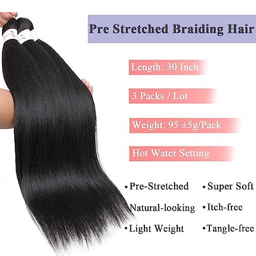 Leeven 3 Packs Pre Stretched Braiding Hair Extension Yaki Texture EZ Braids Hair for Coi Leray Braids Black Braiding Crochet Hair Extensions /30
