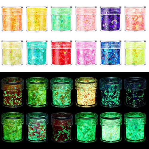 AOOWU Chunky Glitter, 12 Colors Festival Glitter, Nail Glitter Powder, Holographic Cosmetic Glitter for Face Body Eye Hair Nail and DIY Art (A)